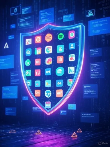 A digital shield with app icons symbolizes cybersecurity and digital protection.