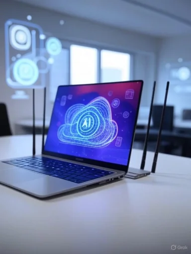 A laptop displays a digital AI cloud icon, with other holographic tech symbols floating around, suggesting advanced AI networking.