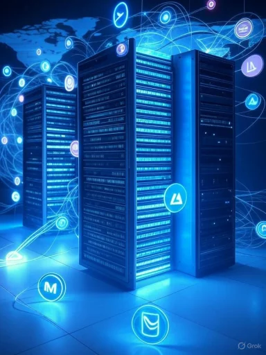 Data center servers with digital network icons and connections glowing in a futuristic blue digital environment.