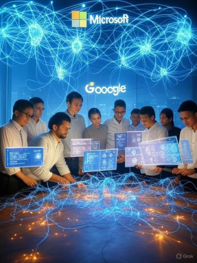 A group of people interacts with holographic displays under a digital backdrop featuring Microsoft and Google logos.