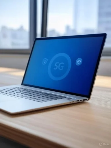 A laptop displaying a 5G network connection screen on a wooden desk near a window.