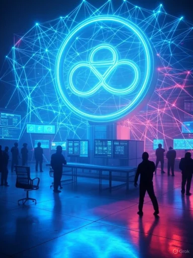 A futuristic command center with neon blue network graphics and multiple computer screens, resembling a digital control hub.