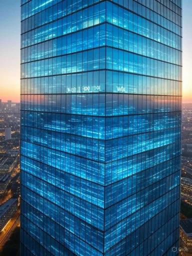 A modern glass skyscraper reflecting city lights and the sunset, with digital signage visible on its facade.