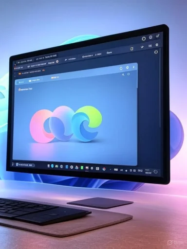 A sleek computer monitor displays a colorful abstract design, set on a desk with a black keyboard nearby.