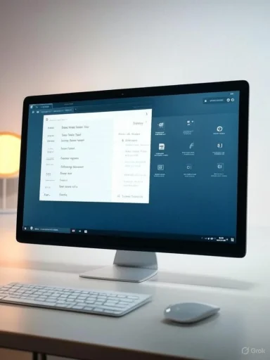 A sleek, modern desktop setup with a monitor, wireless keyboard, and mouse on a white desk.