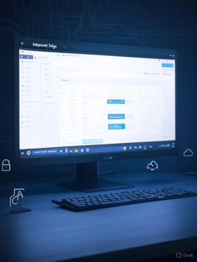 A computer screen displays a digital workspace with cloud and security icons visible.