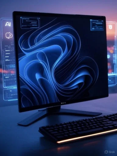 A sleek computer setup featuring a curved monitor, backlit keyboard, and floating digital interface graphics.
