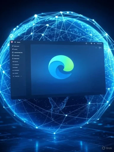 A digital globe with interconnected lines surrounds a computer screen showing the Microsoft Edge logo.