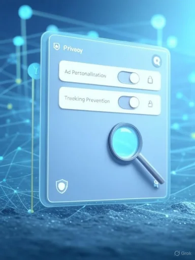 The image depicts a digital privacy interface with toggles for Ad Personalization and Tracking Prevention, surrounded by a futuristic, tech-themed background.