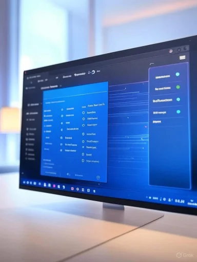 A computer monitor displays a dark-themed interface with charts, graphs, and data in a modern workspace setting.