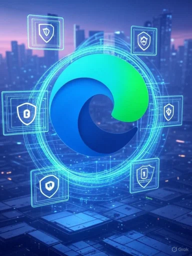 Digital security icons surround a central shield logo in a high-tech cityscape.