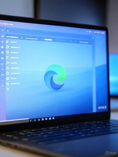 A laptop displaying the Microsoft Edge browser with a blue-themed interface on the screen.