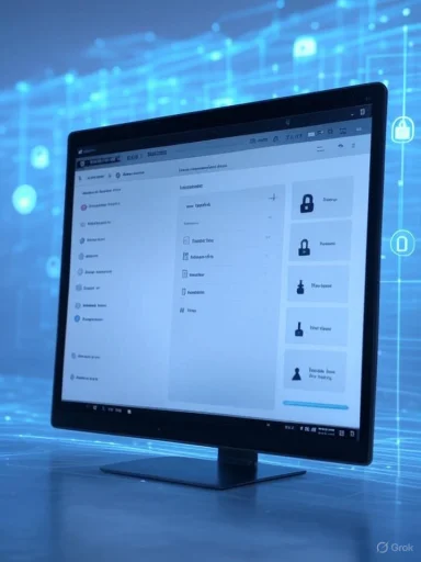A monitor displays a security system interface with lock and user icons, set against a digital blue background.
