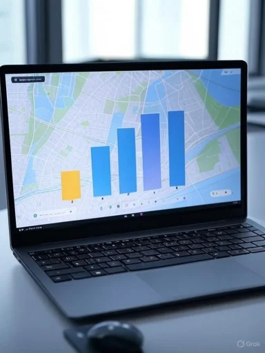 A laptop showing a bar chart over a city map on its screen. A laptop showing a bar chart over a city map on its screen.