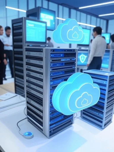 Cloud data servers with digital cloud icons in a modern tech display at a conference. Cloud data servers with digital cloud icons in a modern tech display at a conference.