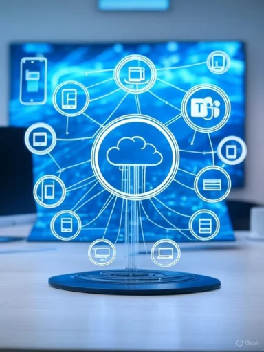 A holographic diagram showing cloud computing connecting various devices and platforms on a desk setup. A holographic diagram showing cloud computing connecting various devices and platforms on a desk setup.
