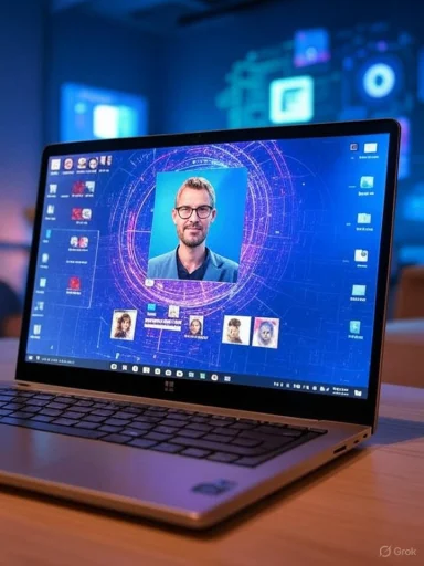 A futuristic computer interface displays a person's photo and digital profiles against a high-tech, holographic background.