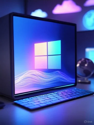 A computer with a glowing Windows logo on the screen and a colorful, futuristic background.