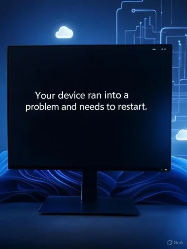 A computer monitor displays the message: 'Your device ran into a problem and needs to restart,' indicating a system crash.