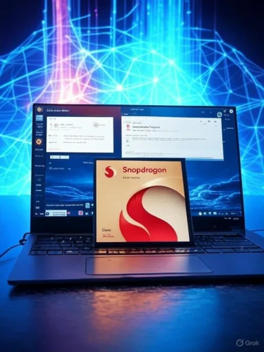A laptop with multiple screens displaying software, against a digital-looking blue network background.