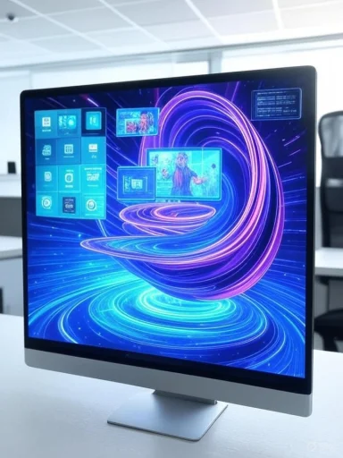 A computer monitor displays a futuristic, swirling digital tunnel with floating app windows and vibrant neon effects. A computer monitor displays a futuristic, swirling digital tunnel with floating app windows and vibrant neon effects.