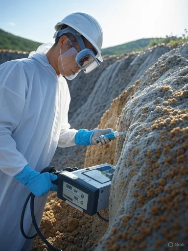 A scientist in protective gear collects samples from a sandy, mound-like environment outdoors.