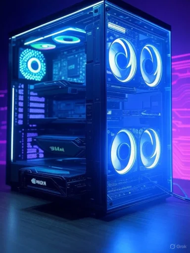 A high-performance gaming PC with a transparent case and illuminated cooling fans, glowing in blue and purple hues.