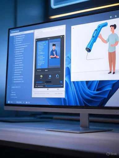 A computer screen displays a virtual assistant app and a 3D illustration of a person with a large electric screwdriver.