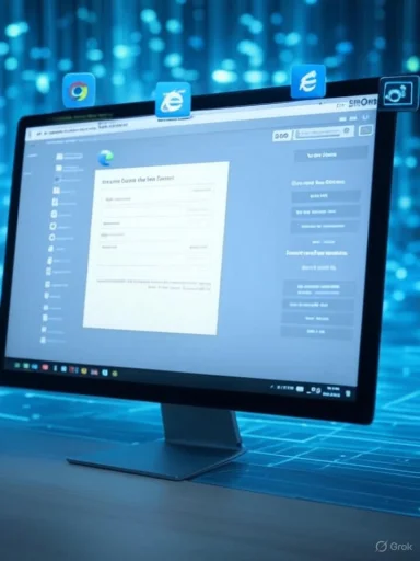 A computer screen displays a document with security icons indicating online protection, set against a futuristic digital background.