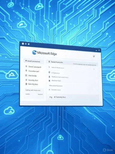 A digital graphic depicting a Microsoft Edge browser window against a blue circuit board and cloud icon background.