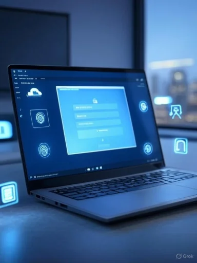 A laptop screen displays a secure login page, with digital security icons floating around in a high-tech environment.