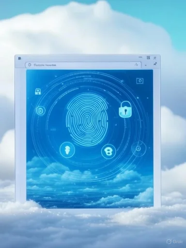 A digital fingerprint and icons on a cloud-themed screen symbolize cybersecurity and cloud data protection.