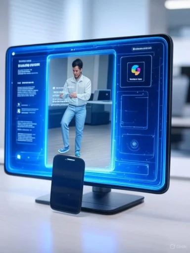 A man appears to be floating inside a digital hologram interface projected on a screen, with a smartphone in front.