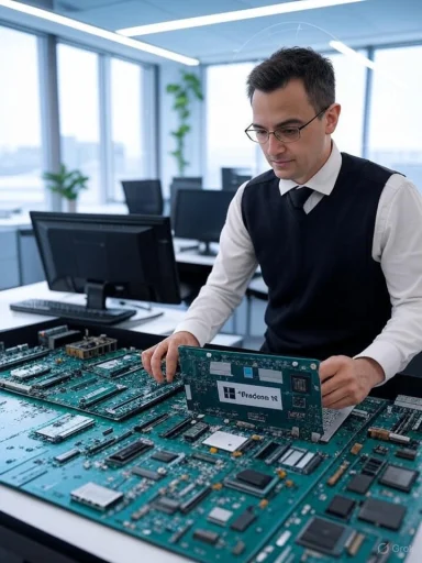 Man working on a computer motherboard in a modern office with multiple monitors and bright natural light.