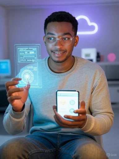 A young man with glasses interacts with holographic digital interfaces while holding a smartphone in a tech-themed environment.