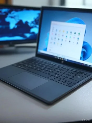 A sleek laptop with a Windows desktop, placed on a white desk, with another screen displaying a world map in the background.