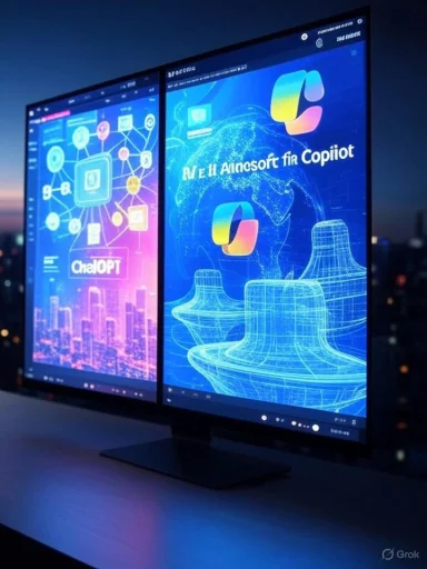Two large monitors display digital graphics and logos related to AI and technology research. Two large monitors display digital graphics and logos related to AI and technology research.
