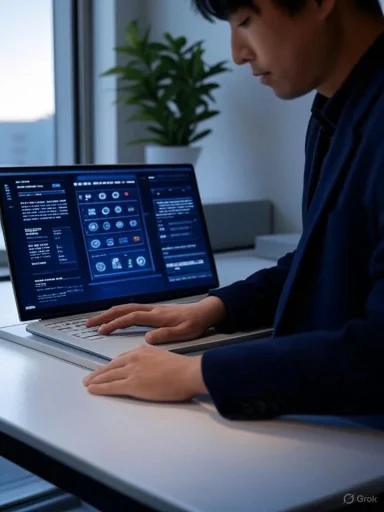 A person working on a laptop with a dark-themed interface, seated at a white desk near a window with a plant in the background.