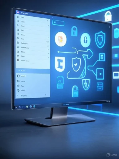 A computer monitor displays a cybersecurity-themed workspace with icons of locks, shields, and security pathways.