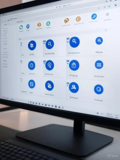 Computer screen displaying an app interface with blue circular icons and labels in a grid layout.