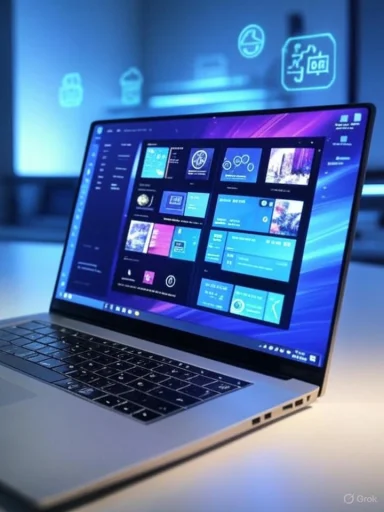 A laptop displaying a digital interface or presentation in a tech-themed environment with hologram-style icons.