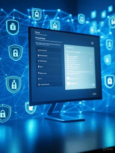 A computer monitor displays a cybersecurity interface with lock icons and a background of digital security symbols. A computer monitor displays a cybersecurity interface with lock icons and a background of digital security symbols.