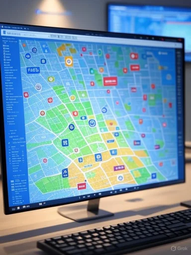 A computer monitor displays a colorful city map with various icons and labels, likely for navigation or urban planning.