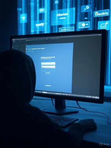 A hacker at a computer screens an advanced cyber attack against digital assets and online profiles. A hacker at a computer screens an advanced cyber attack against digital assets and online profiles.