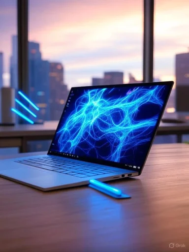 A sleek laptop displaying blue lightning on its screen, placed on a wooden desk with city buildings and sunset in the background. A sleek laptop displaying blue lightning on its screen, placed on a wooden desk with city buildings and sunset in the background.