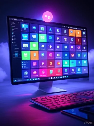 A computer monitor displays a colorful grid of app icons with neon lighting, accompanied by a keyboard and smartphone on a desk.