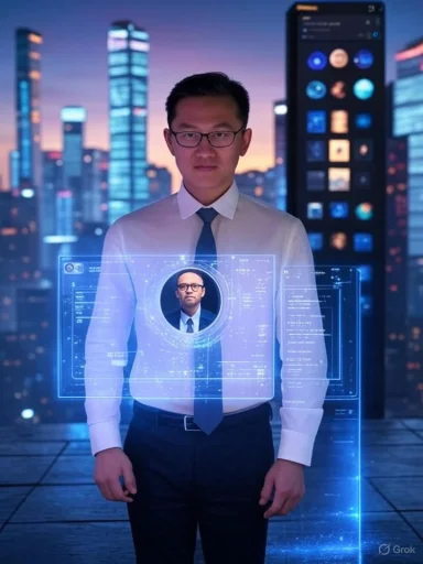 A businessman stands on a rooftop with a digital face recognition interface projected in front of him against a cityscape at dusk.