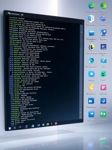 A computer monitor displaying a code editor with syntax highlighted code on the left and app icons on the right.