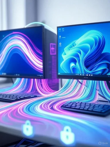 Two computer monitors display abstract, colorful light trails flowing between them, resembling digital data streams.