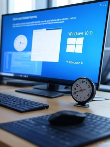 A computer setup shows a Windows 10 desktop, an analog clock, keyboard, and mouse on a wooden desk. A computer setup shows a Windows 10 desktop, an analog clock, keyboard, and mouse on a wooden desk.
